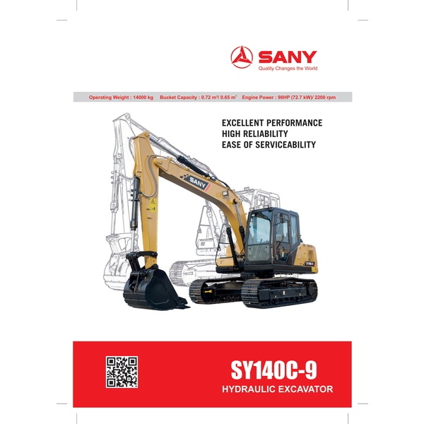 SANY Brand Hydraulic Excavator (SY140C-9) Isuzu Engine Model-4BG 1-TABGC-03-C2, Bucket Capacity: 0.72 m3/0.65m3