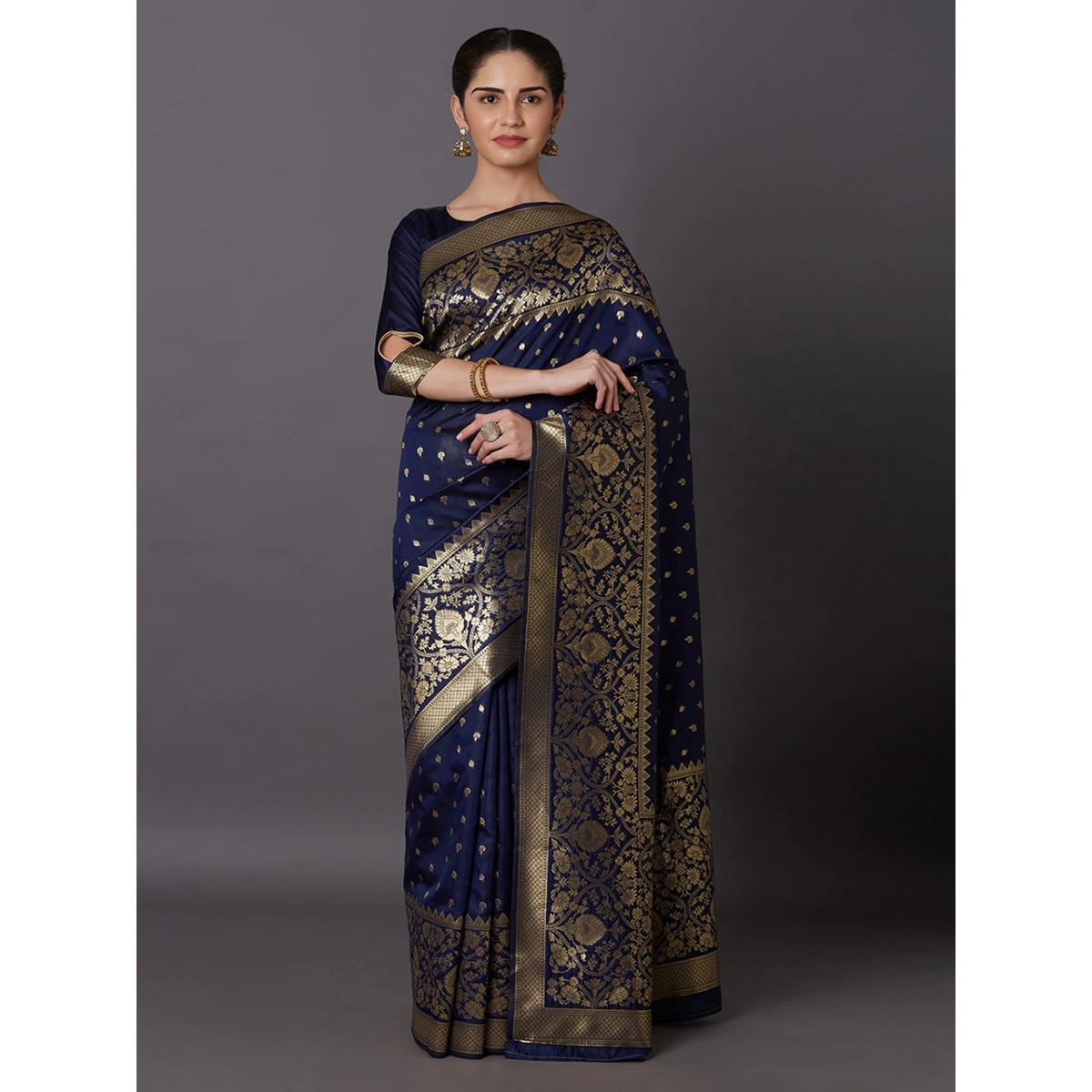 Latest Designed Luxury Exclusive Printed Silk Saree (Royal Blue) With Blouse Piece For Women