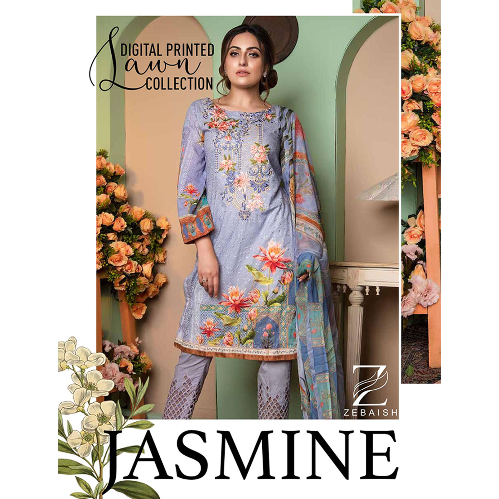 Zebaish Jasmin Digital Print Lawn Three Piece