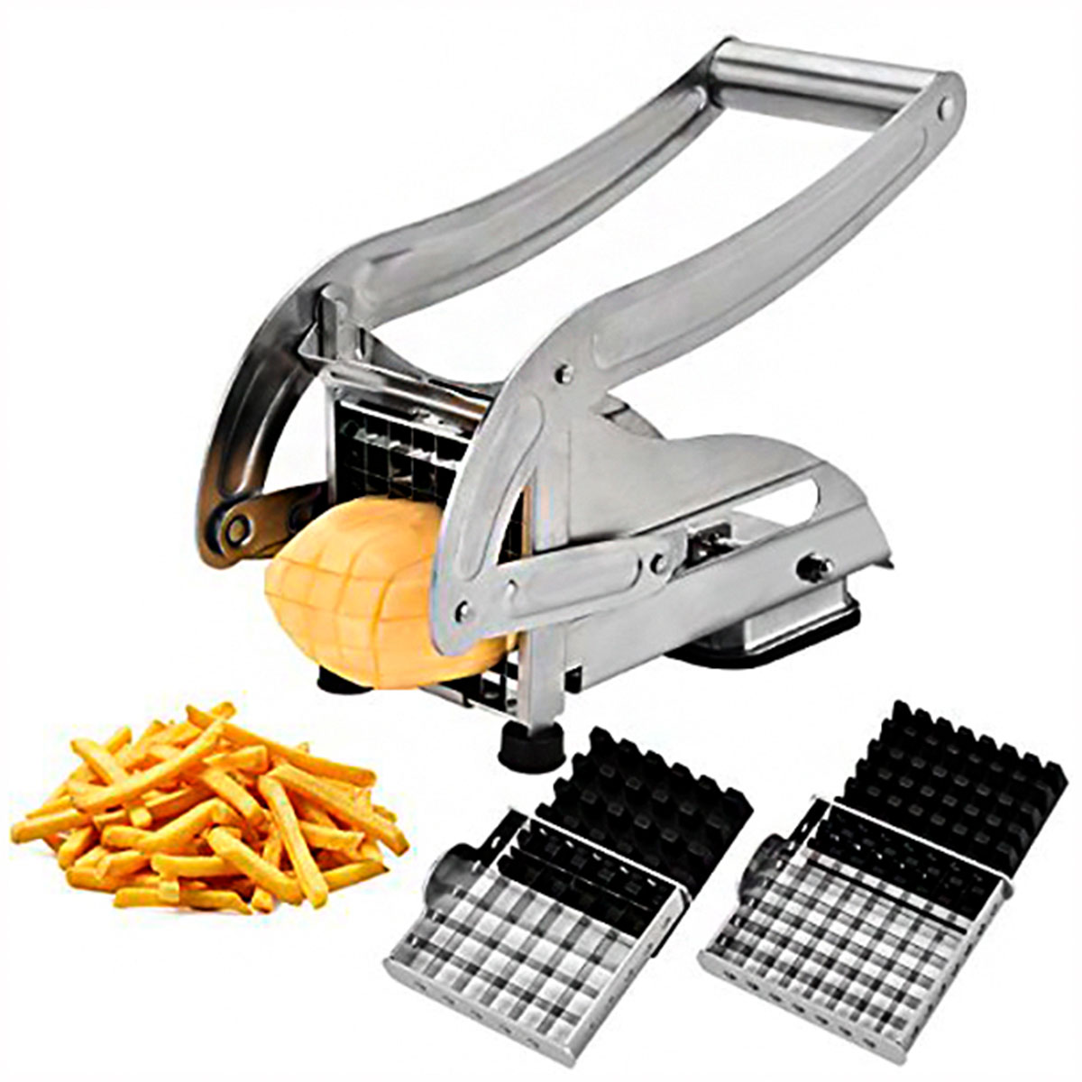 French Fry Cutter, Potato Chipper Vegetable Slicer Chopper Silver with 2PCS Blades for Easy Slicing