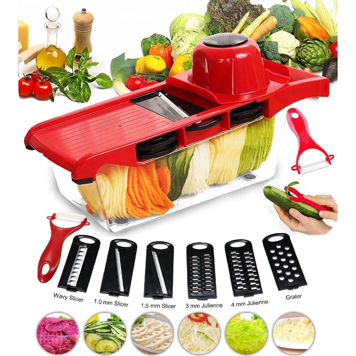 6 in 1 MANDOLINE slicer Multi-Function Fruit and Veg Cutter, Interchangeable Stainless Steel Blade Multi-function Vegetable Slicer Cutter - Fruit Slicer with 6 Blades Peeler for Potato, Tomato, Carrot