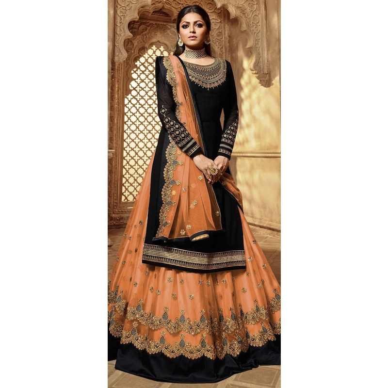 Light Orage & Black Color Glamour & Gorgeous New Design Heavy Embroidery Work Semi-stitched Four Piece Gown .