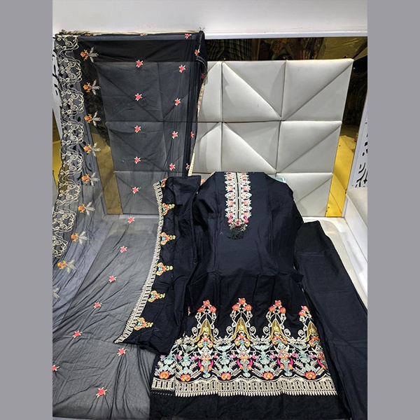 Cotton Body Embroidery with stone work three-piece