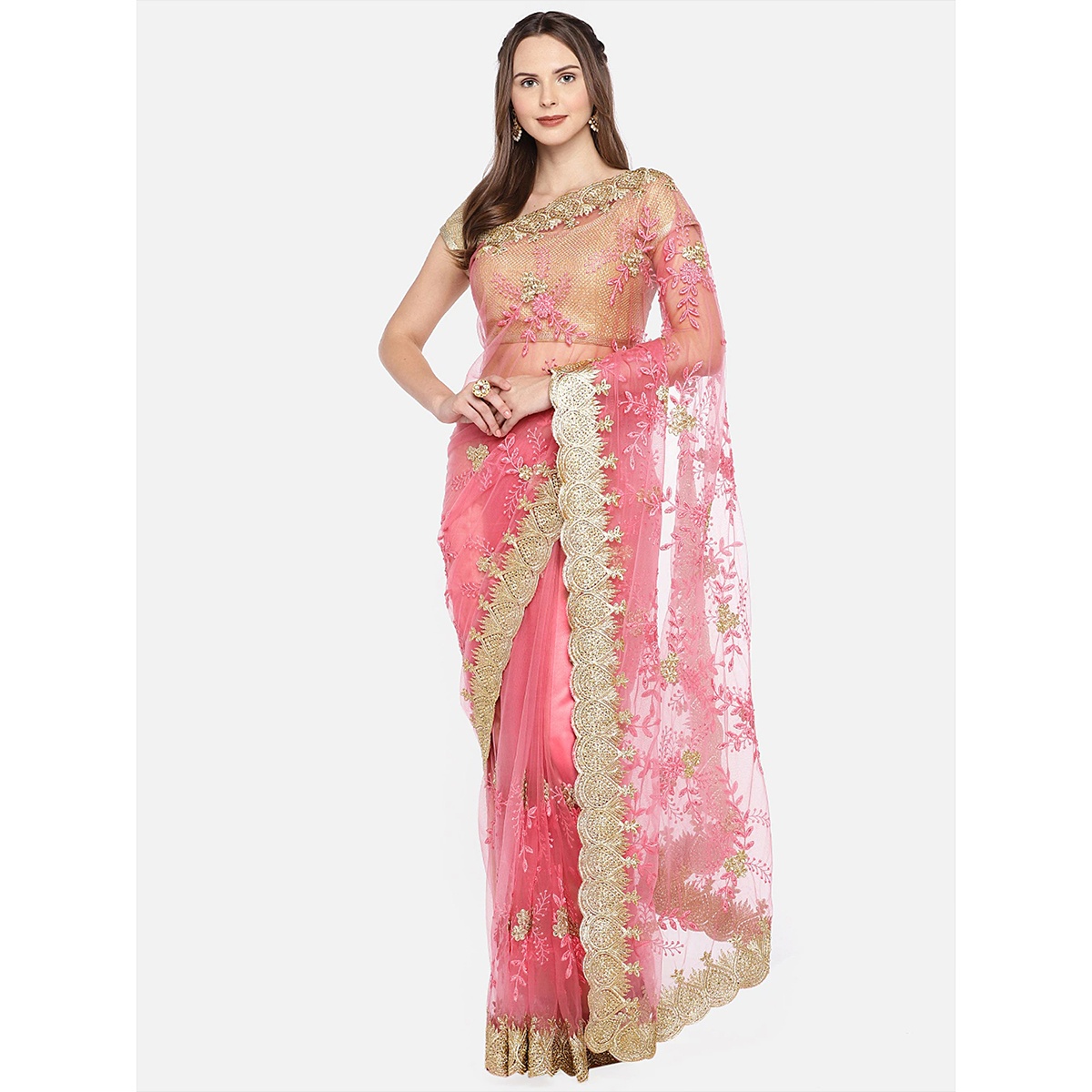 Exclusive & The Latest Design Pink Tissue Saree with Gorgeous Embroidery & Stone Work with Blouse Piece for Party, Occasion, wedding, Festival for Women