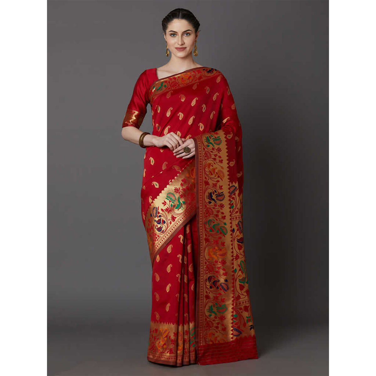 Latest Designed Luxury Exclusive Printed Katan Silk Saree (Red) With Blouse Piece For Women