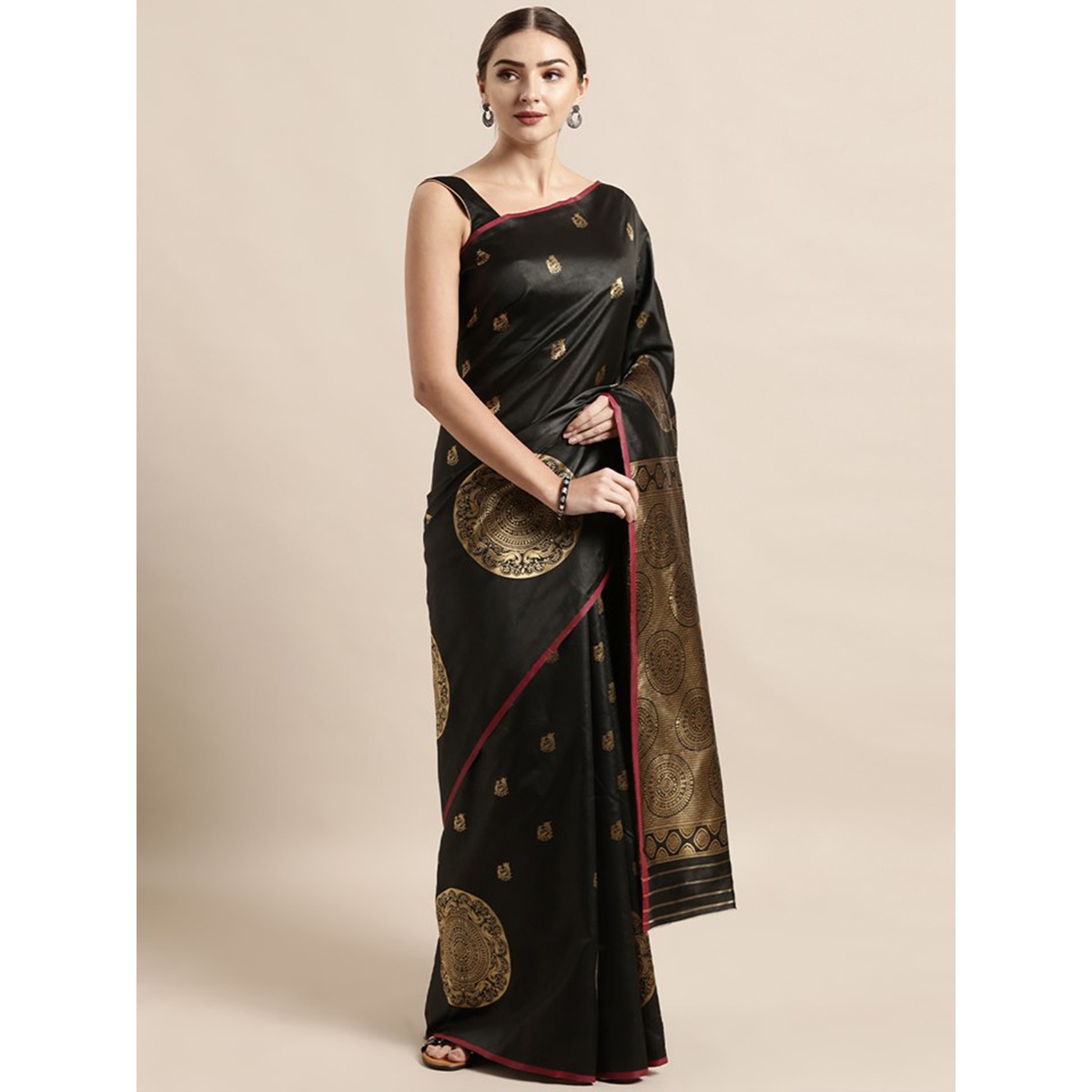 Latest Designed Luxury Exclusive Printed Silk Saree (Black and Red) With Blouse Piece For Women