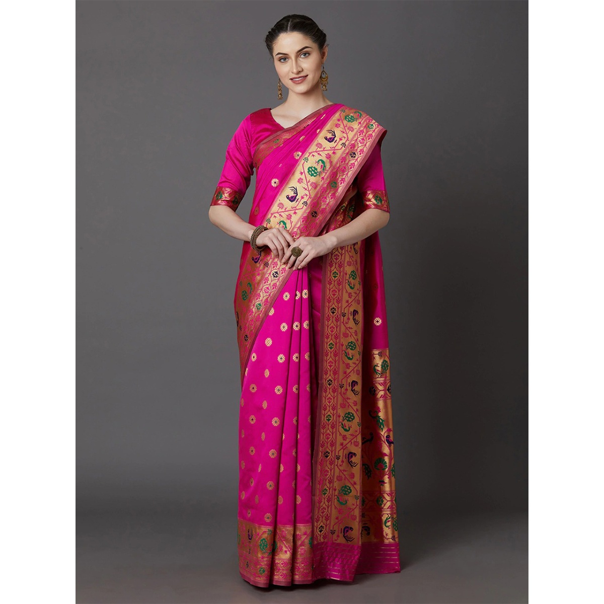 Latest Designed Luxury Exclusive Printed Silk Saree (Magenta with Green) With Blouse Piece For Women