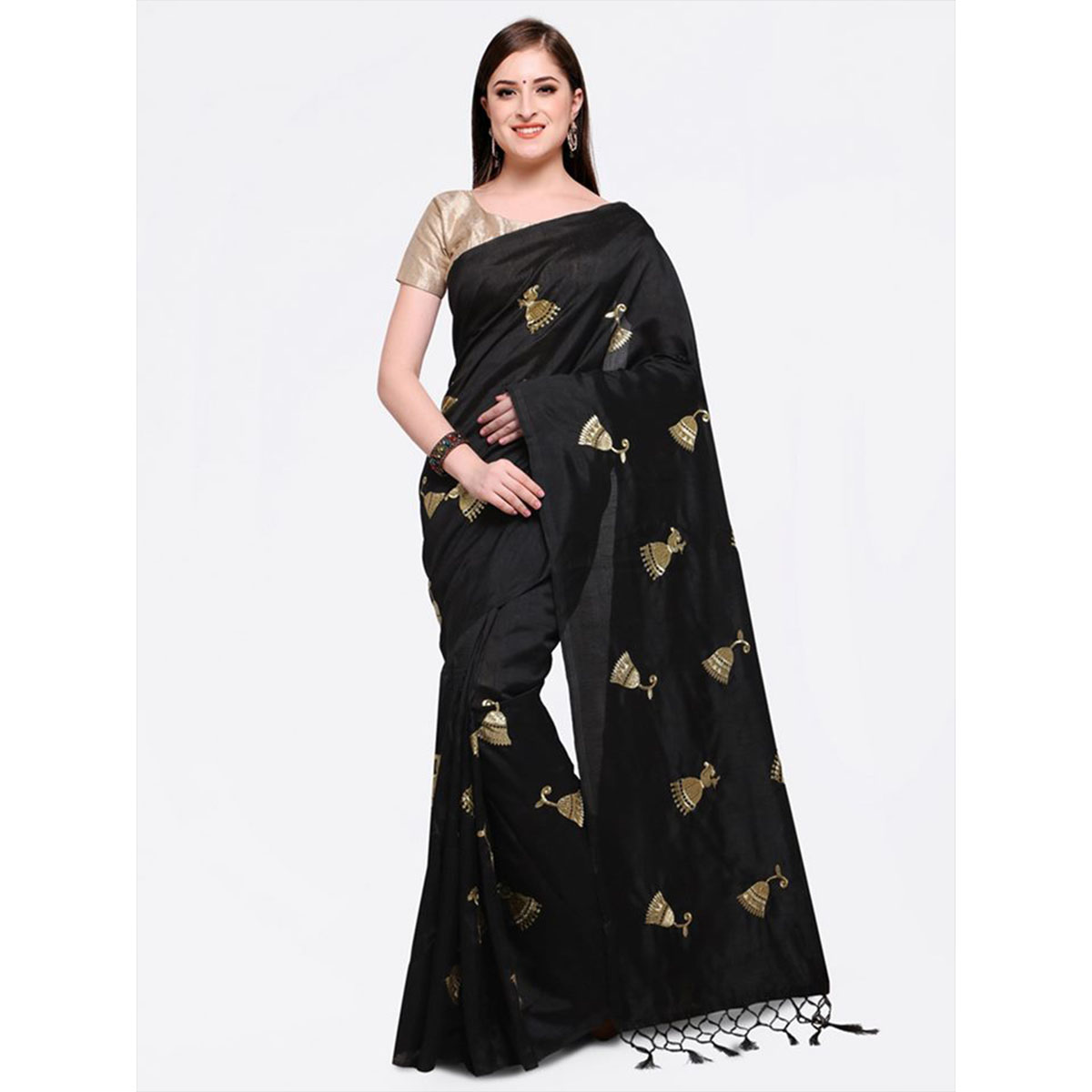 Latest Designed Luxury Exclusive Printed Silk Saree (Black and Golden) With Blouse Piece For Women