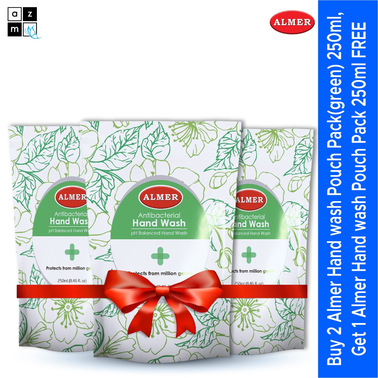 Buy 2 Almer Hand Wash Pouch Pack(Green) 250ml get 1 Almer Hand wash Pouch Pack 250ml Free