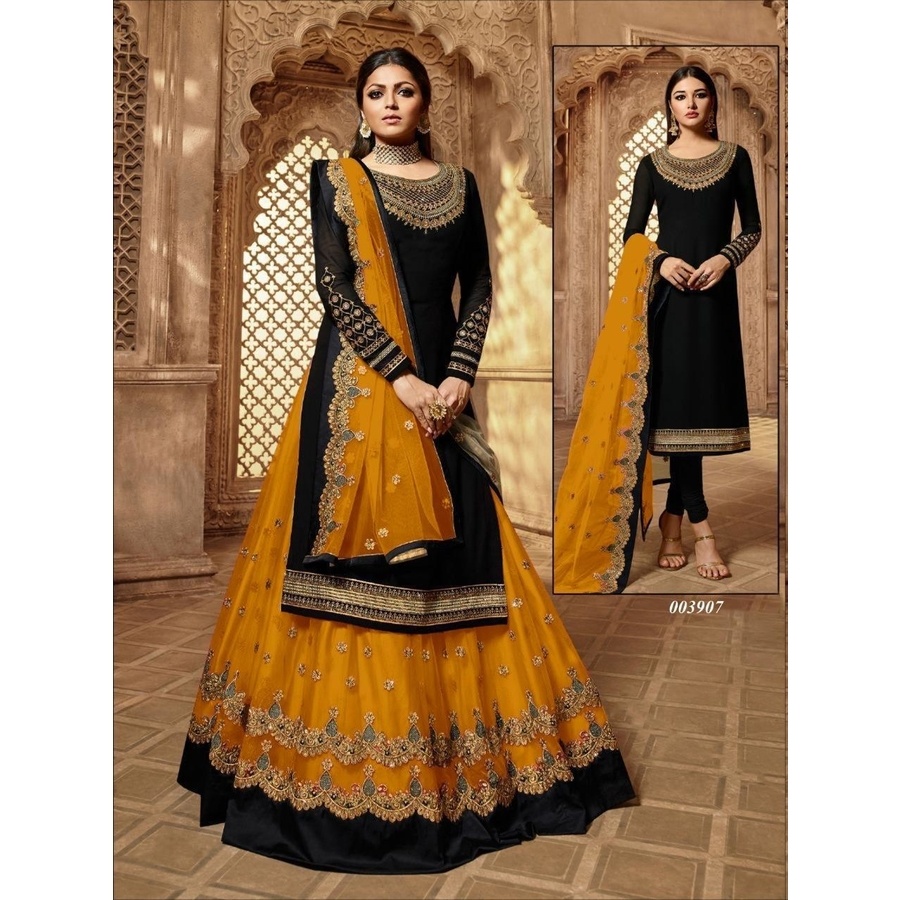 Gorgeous New Design Heavy Embroidery Work Black & yellow Color Semi-stitched Four Piece Gown.