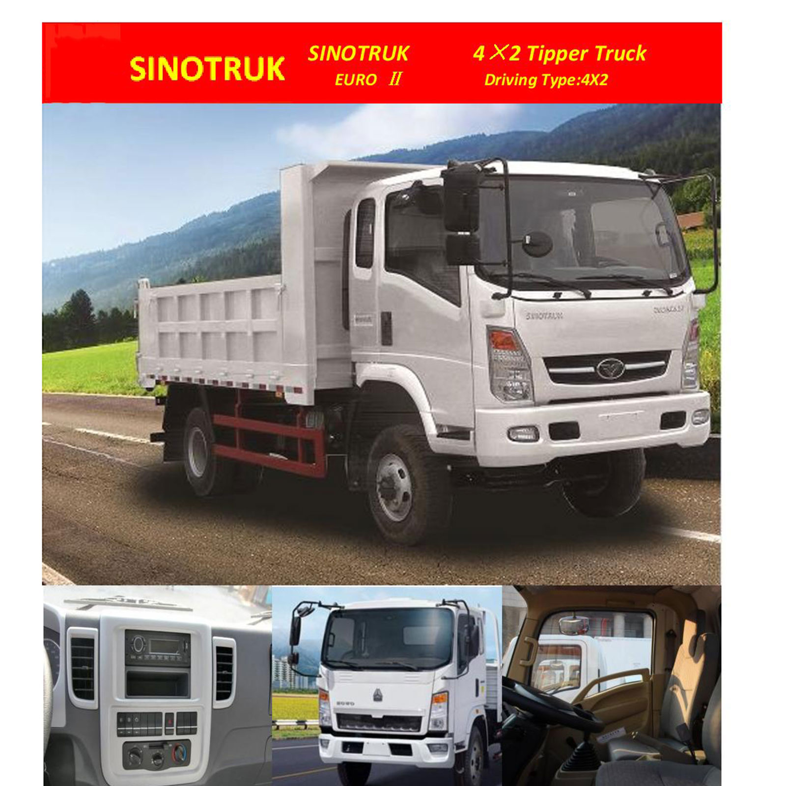 SINOTRUK 4×2 Tipper Truck, Displacement(L)- 3.76L, Number of Cylinder 4, Engine Power- 116 HP, Model- ZZ3168D3414C143