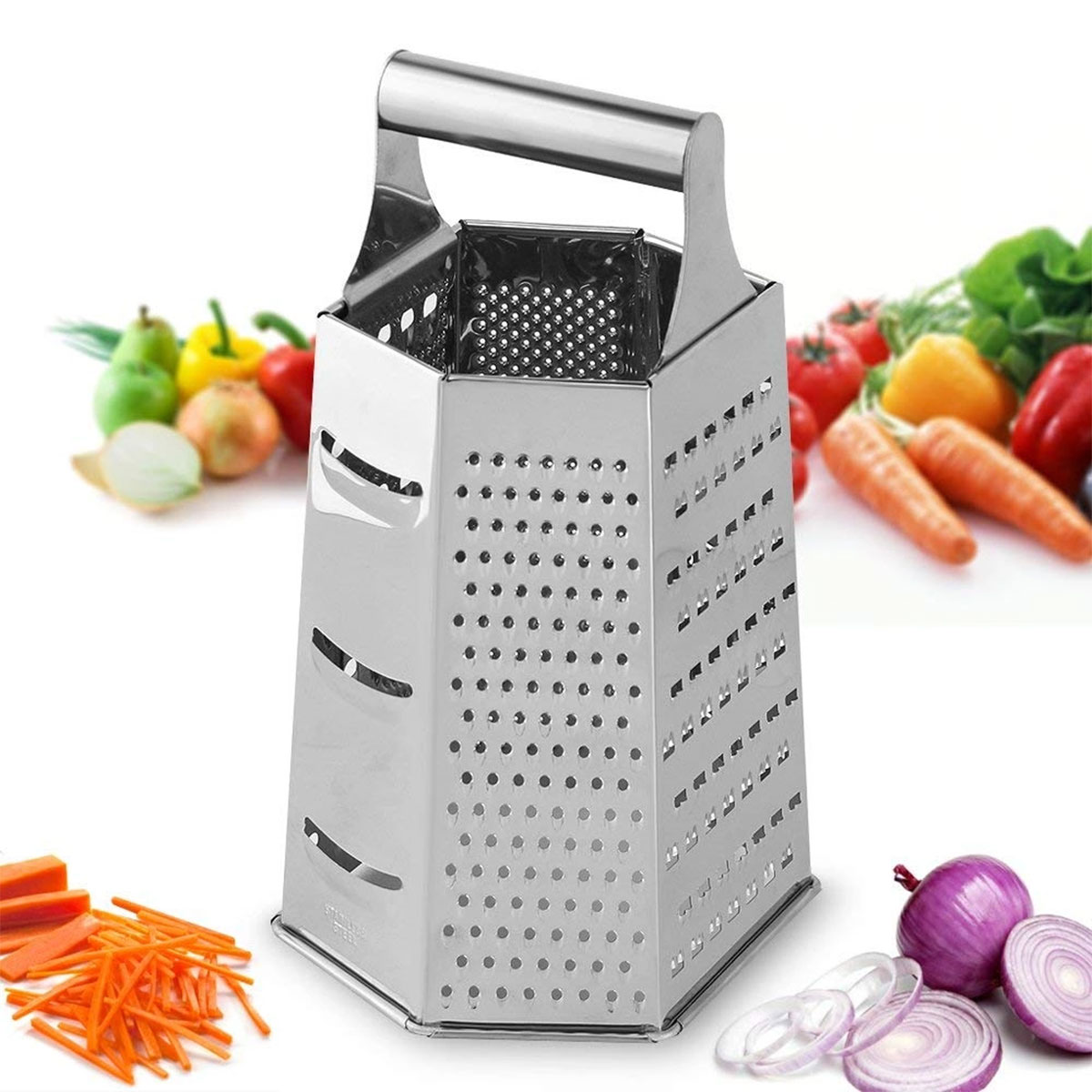 Kitchen Box Grater, Stainless Steel Cheese Grater - 6 Sides Stand Grater with Rubber Handle & Base for Parmesan Cheese, Ginger, Vegetables