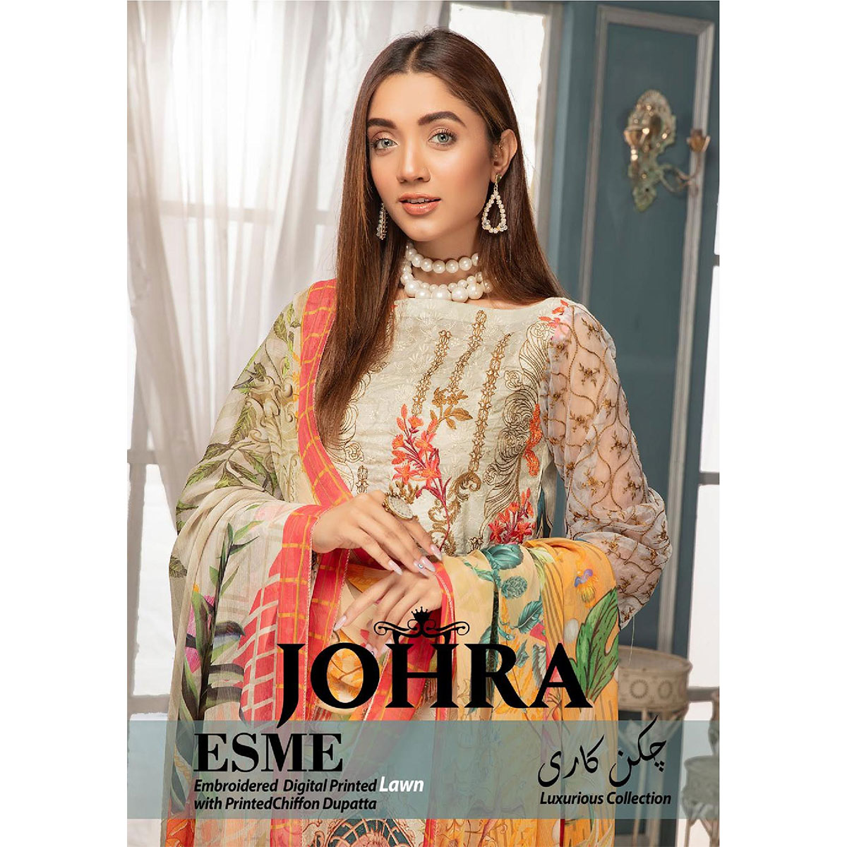 Johra Esme Digital Print Embodied Chikankari Lawn with Printed Chiffon Dupatta – Per Set – 10 suits