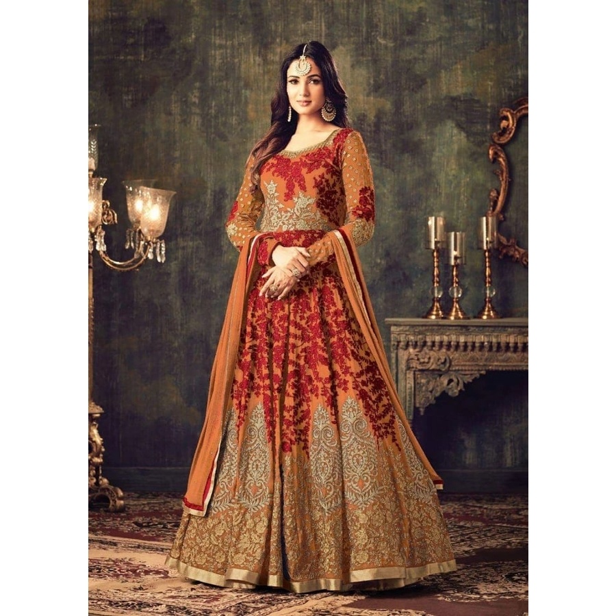 High Quality Fabric’s Heavy Embroidery Work Semi-stitched Weightless Georgette Long Floor Touch Orange Color Anarkali Party Dress for women.