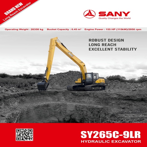 SANY Brand New Hydraulic Excavator SANY Mitsubishi D06S2, Engine Power: 155 HP (115Kw)@ 2050 rpm, Bucket Capacity: 0.43 m3 High Power Excavator (SY265C-9LR)