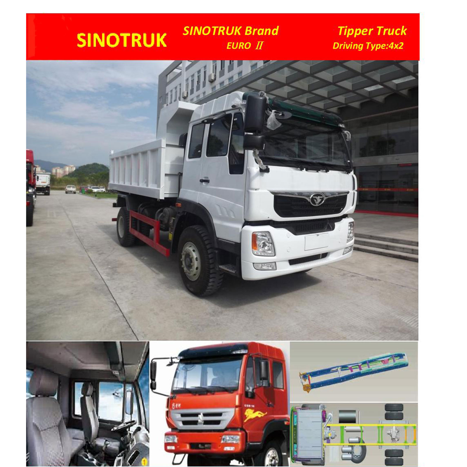 SINOTRUK 4×2 Tipper Truck, Displacement(L) 6.494L, Number of Cylinder 6, Engine Power- 190 HP, Model- ZZ3168K3910C1R