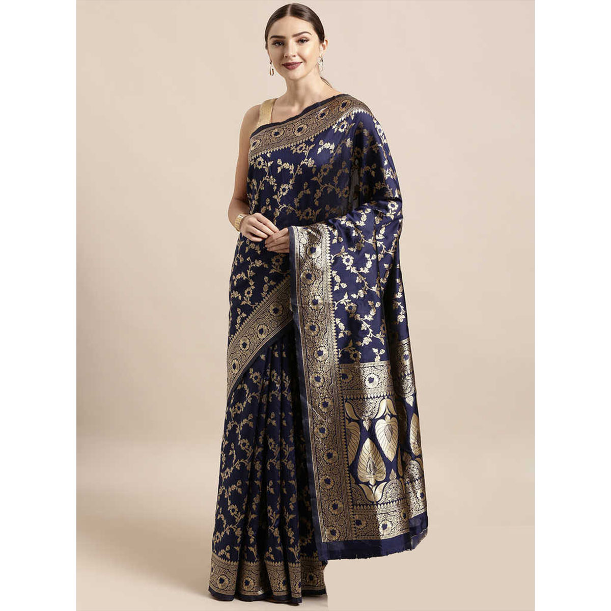 Latest Designed Luxury Exclusive Printed Silk Katan Saree (Navy Blue & Golden) With Blouse Piece For Women