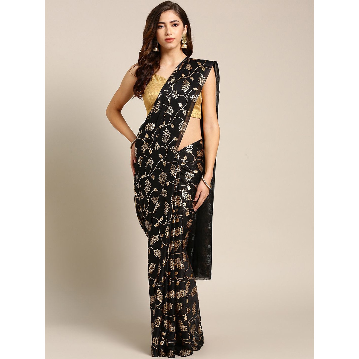 Latest Designed Luxury Exclusive Printed Silk Saree (Black) With Blouse Piece For Women