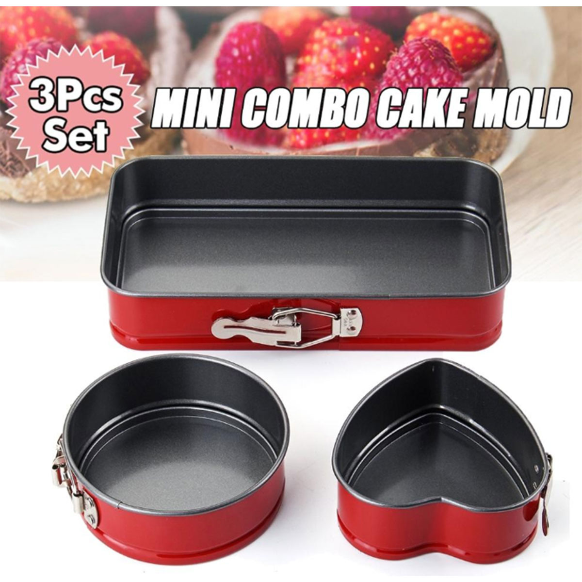 3 Pcs/Set Multicolor Mini Combo Bake Mold Non-stick Cake Bake Mold with Removable Bottom Different Sizes Heart Round Square Shape Pans