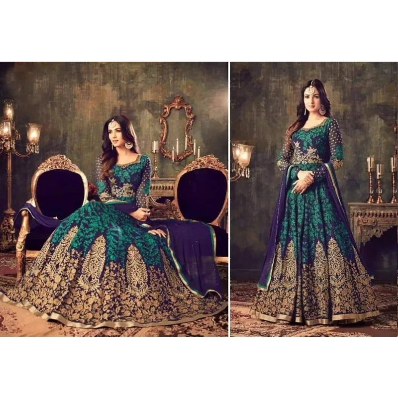 High Quality Fabric’s Heavy Embroidery Work Semi-stitched Weightless Georgette Long Floor Touch Cyan Color Anarkali Party Dress for women.