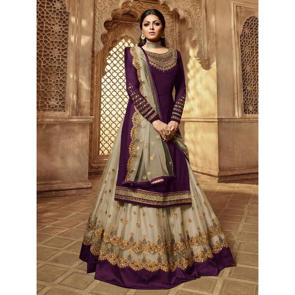 Purple & Cream Color Glamour & Gorgeous New Design Heavy Embroidery Work Semi-stitched Four Piece Gown.