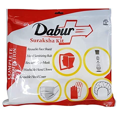 Dabur Suraksha Kit with Sanitizer, Gloves, Reusable Mask, Face Shield & Head Cover (Combo of 5)- Per Case 24 Pieces