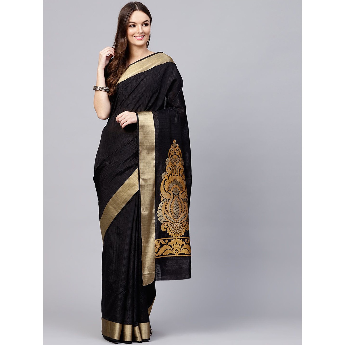 Latest Designed Luxury Exclusive Printed Silk Saree (Black & Golden) With Blouse Piece For Women