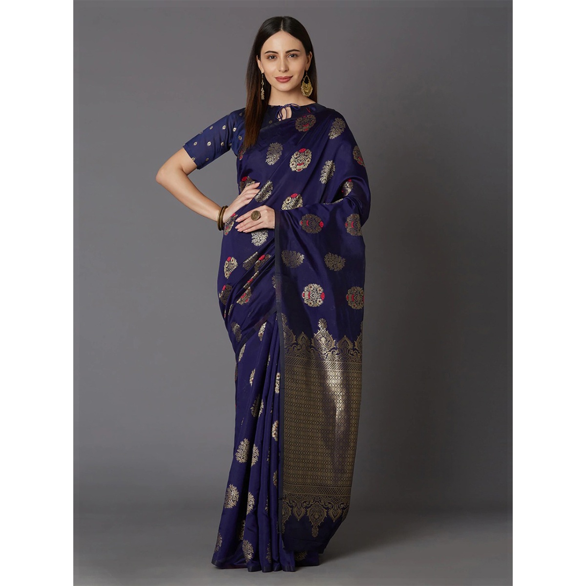 Latest Designed Luxury Exclusive Printed Silk Saree (Navy Blue) With Blouse Piece For Women