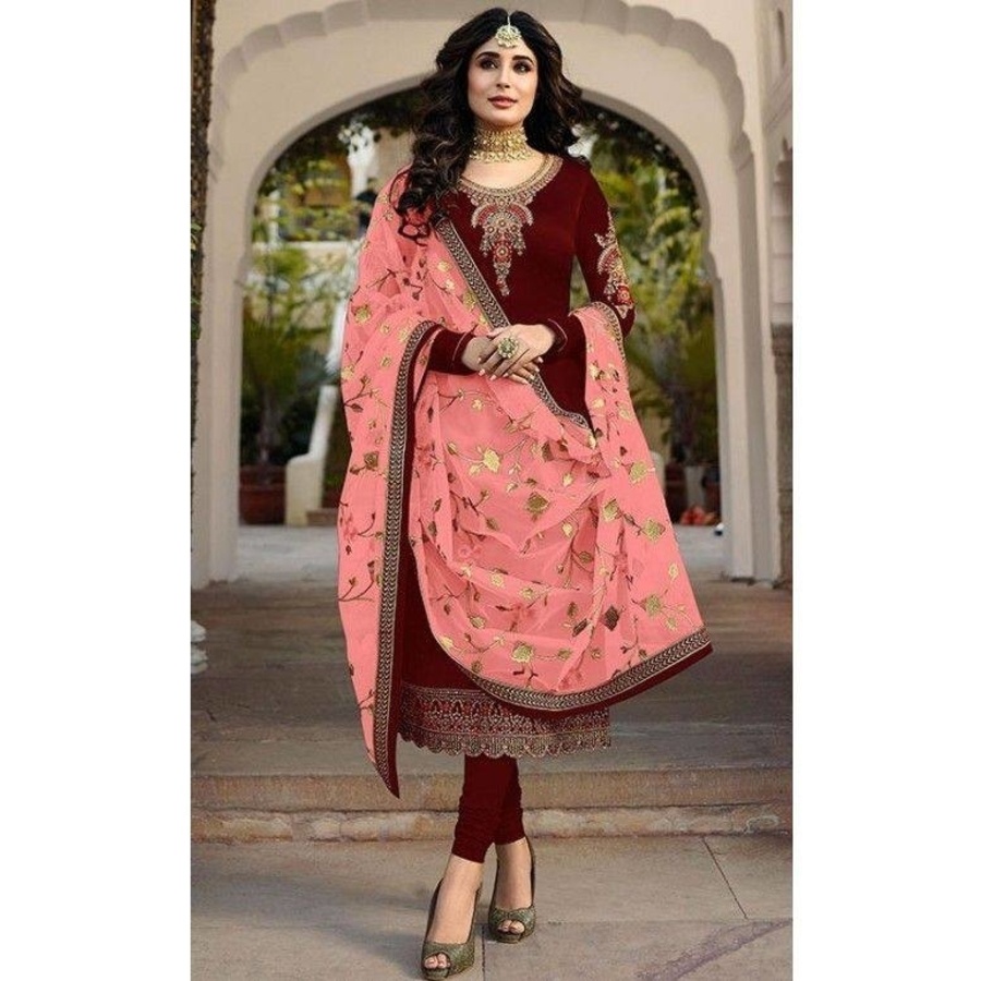 High Quality Purple Fabric’s Heavy Embroidery Work Semi-stitched Georgette Three Piece (salwar kameez) for women.