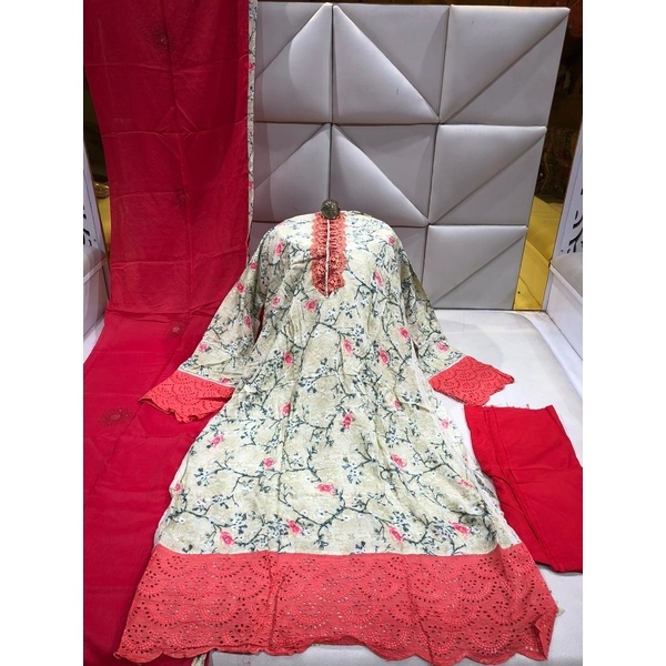 DN-19-37 Cotton Body rayon print hand and panel laser baring work three piece