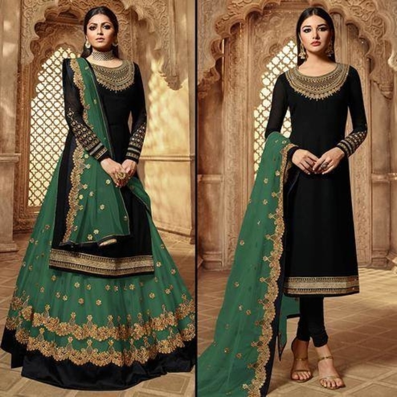 Gorgeous New Design Heavy Embroidery Work Black & Deep Green Color Semi-stitched Four Piece.