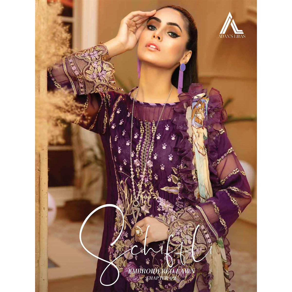 Schiffli Embroidered Lawn with Chiffon Dupatta by ADAN'S LIBAS Collection (Per Set - 10 Suits)
