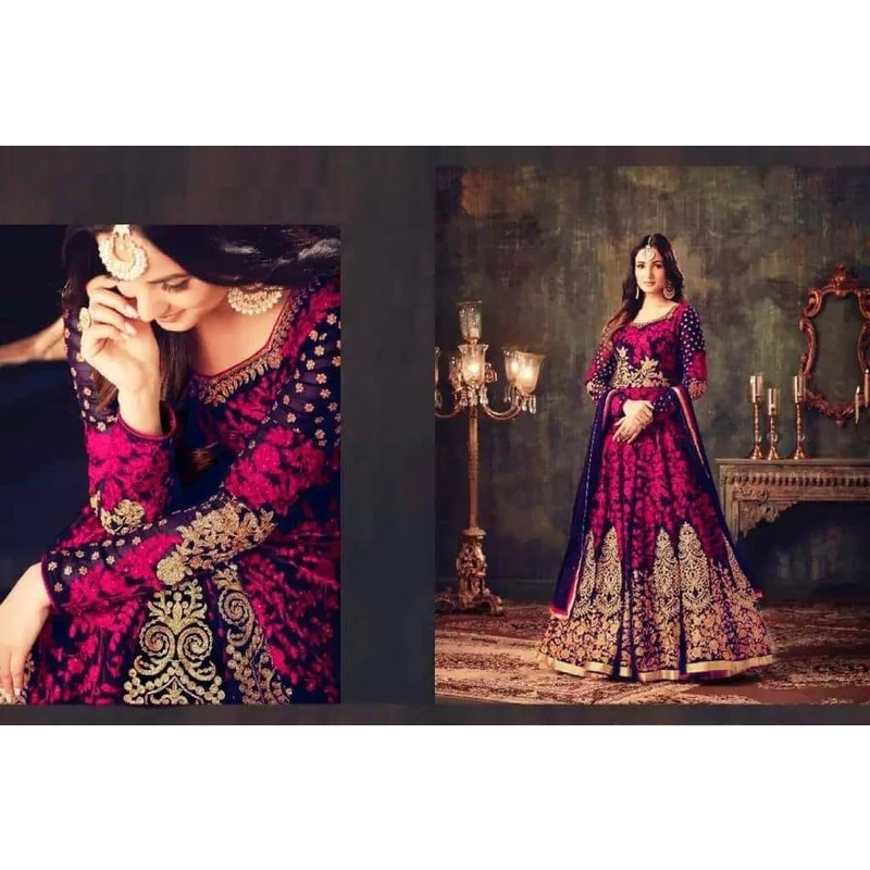 High Quality Fabric’s Heavy Embroidery Work Semi-stitched Weightless Georgette Long Floor Touch Magenta Color Anarkali Party Dress for women.