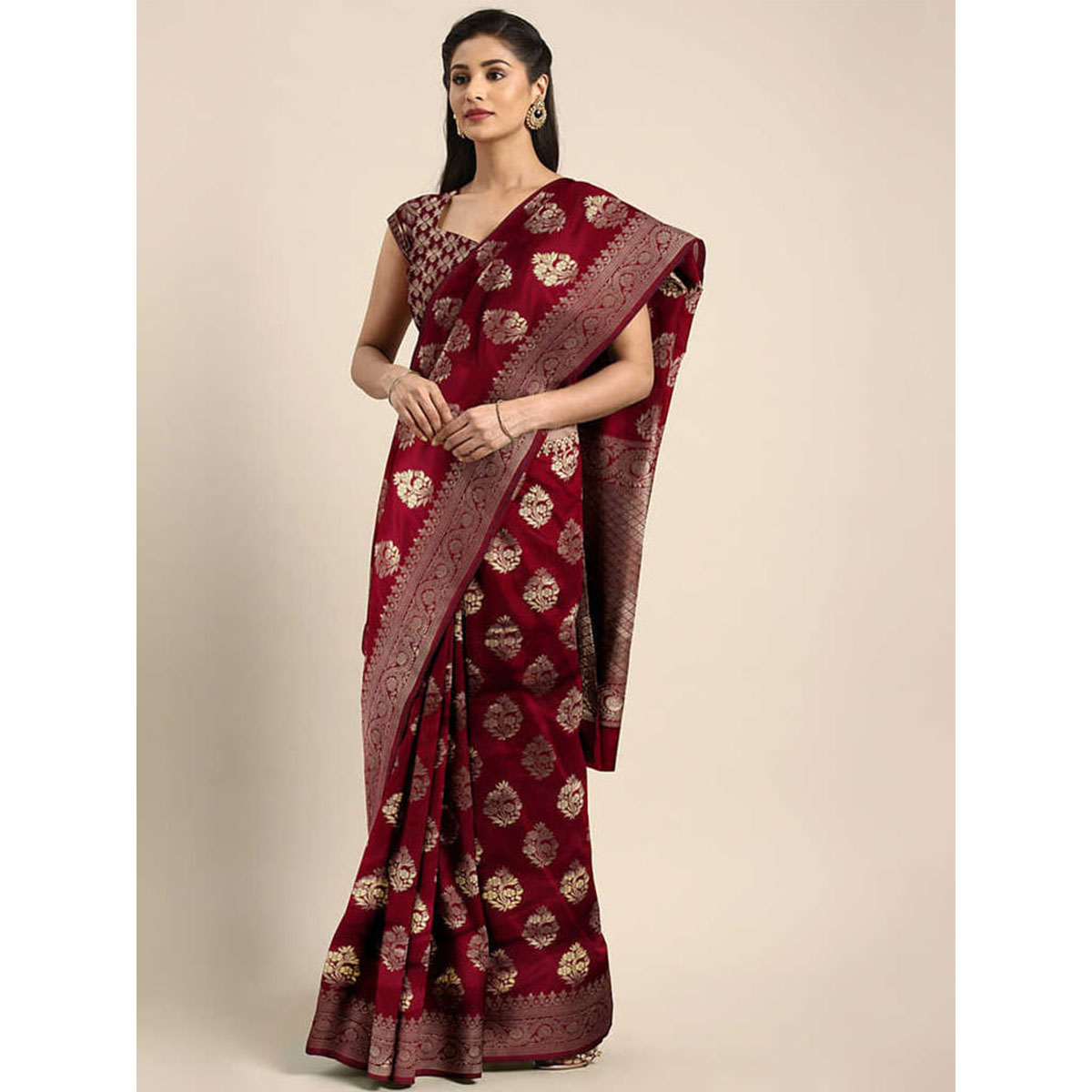 Latest Designed Luxury Exclusive Printed Katan Silk Saree (Maroon) With Blouse Piece For Women