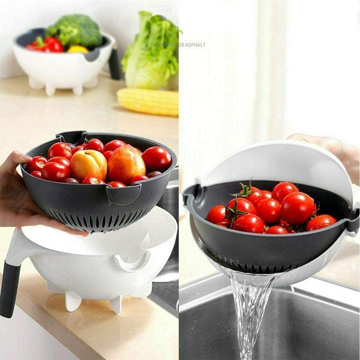 9 in 1 Multifunction Magic Rotate Vegetable Cutter with Drain Basket, New Veggie Mandoliner Slicer Grater Shredder, Food Strainer Fruit Colander (White)