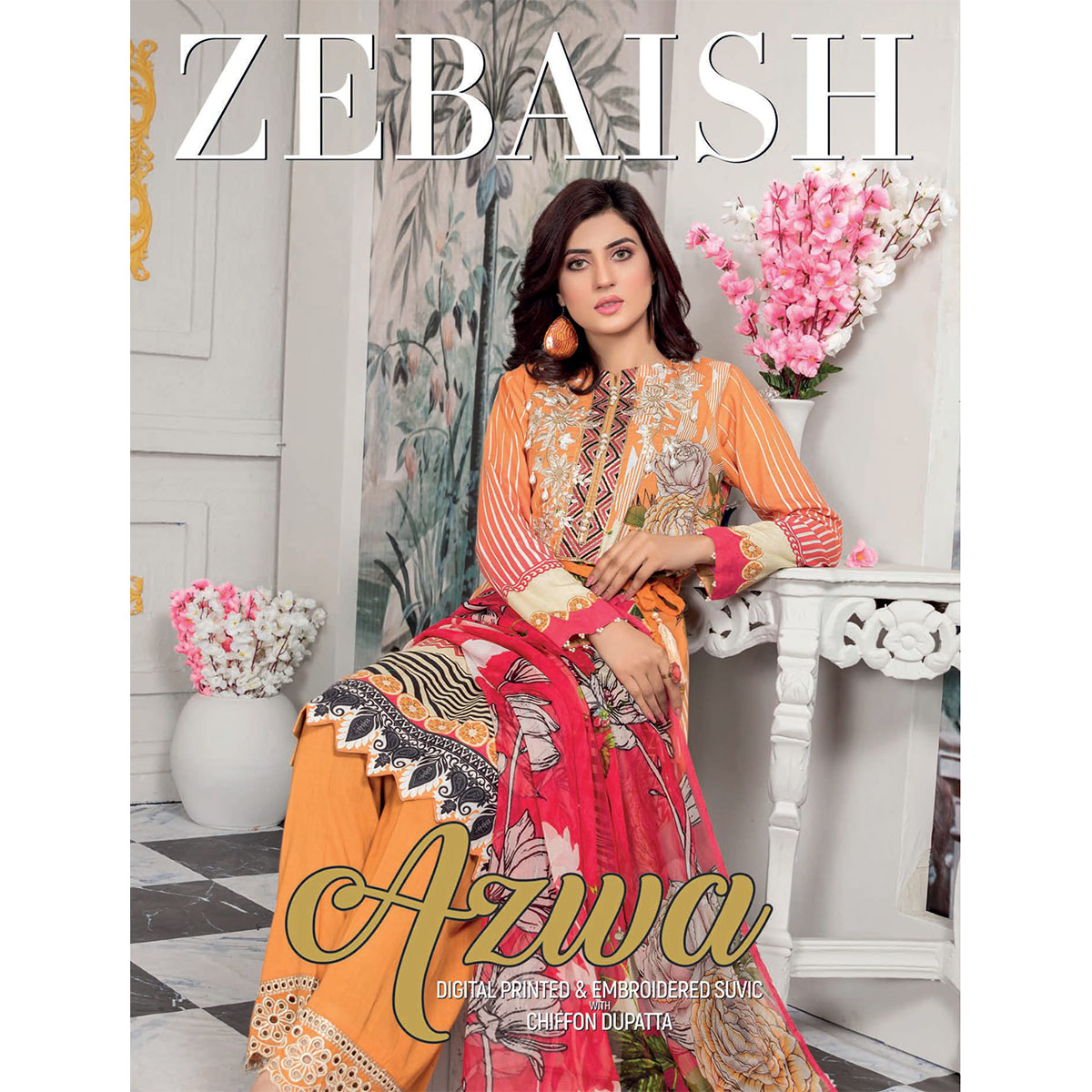 Azwa Digital Printed & Embroidered Suvic with Chiffon Dupatta Collection by ZEBAISH (Per Set-10 Suits)