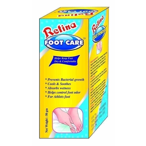 Retina foot care powder helps keep feet dry and comfortable
