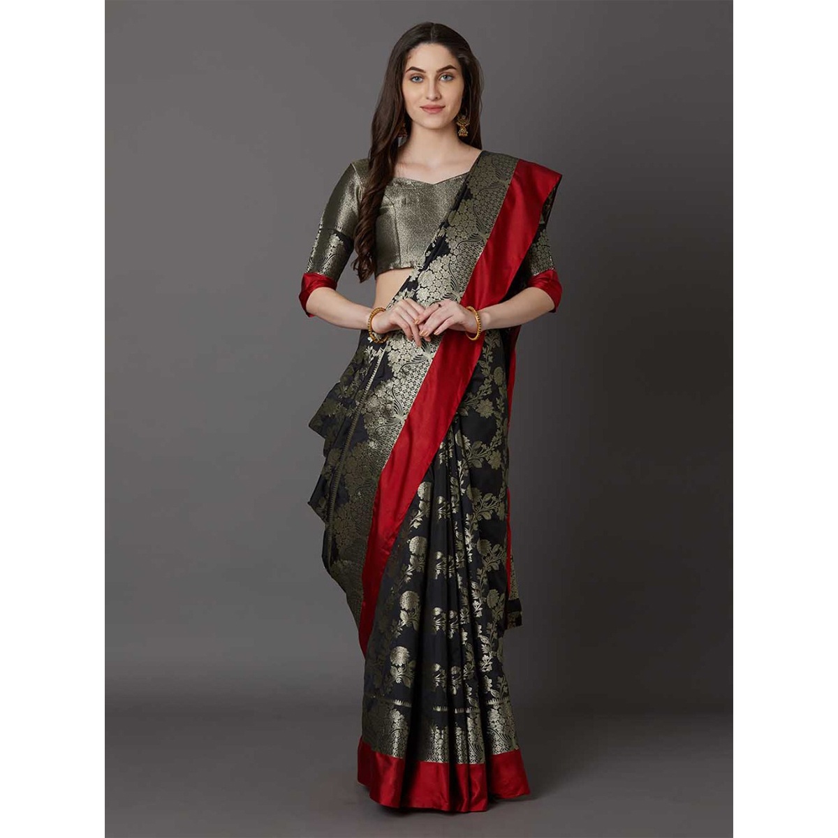 Latest Designed Luxury Exclusive Printed Silk Saree (Silver and Red) With Blouse Piece For Women