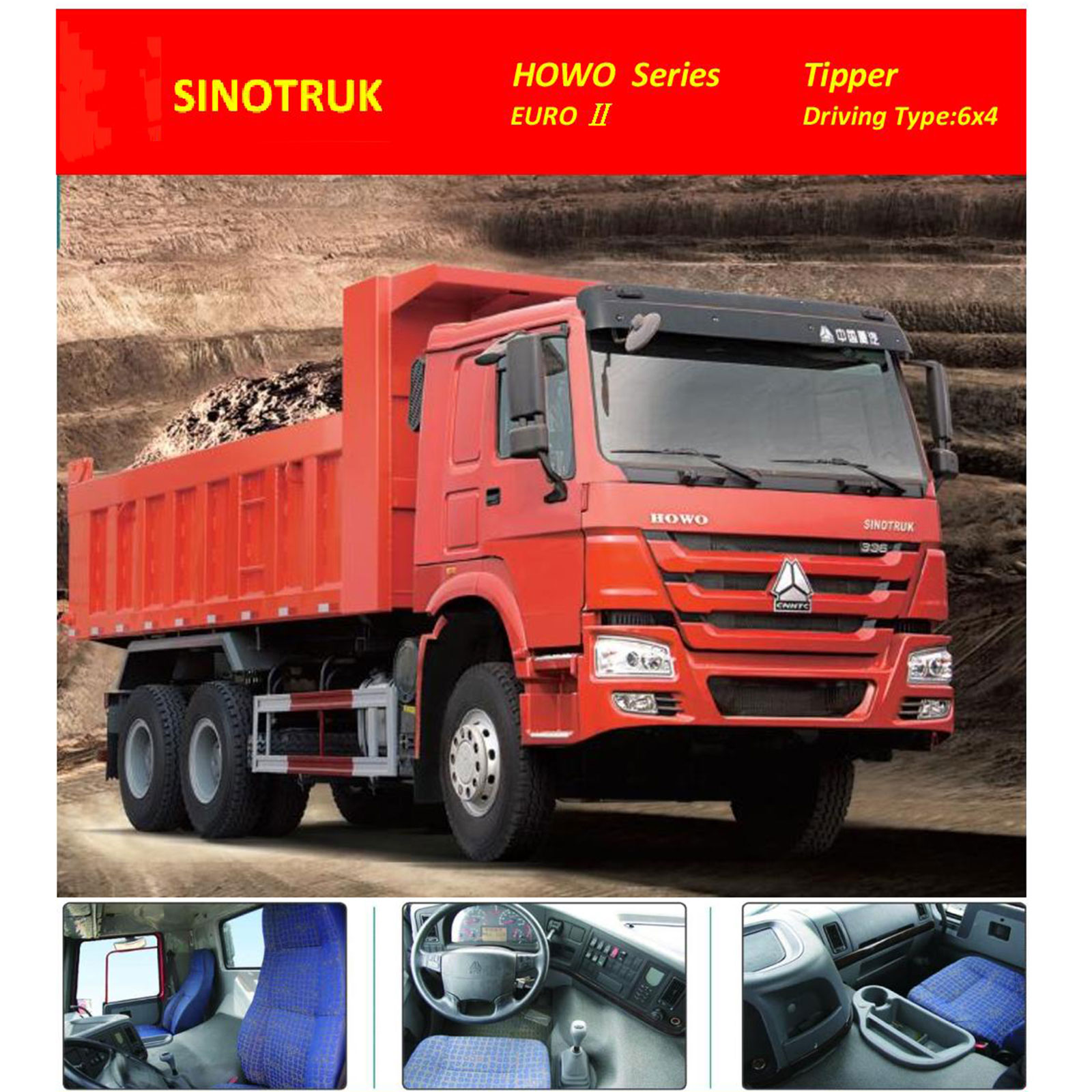 SINOTRUK HOWO 6x4 Tipper, Displacement(L) 9.726L, Number of Cylinder 6, Engine Power- 290 HP, Model- ZZ3257M3647W