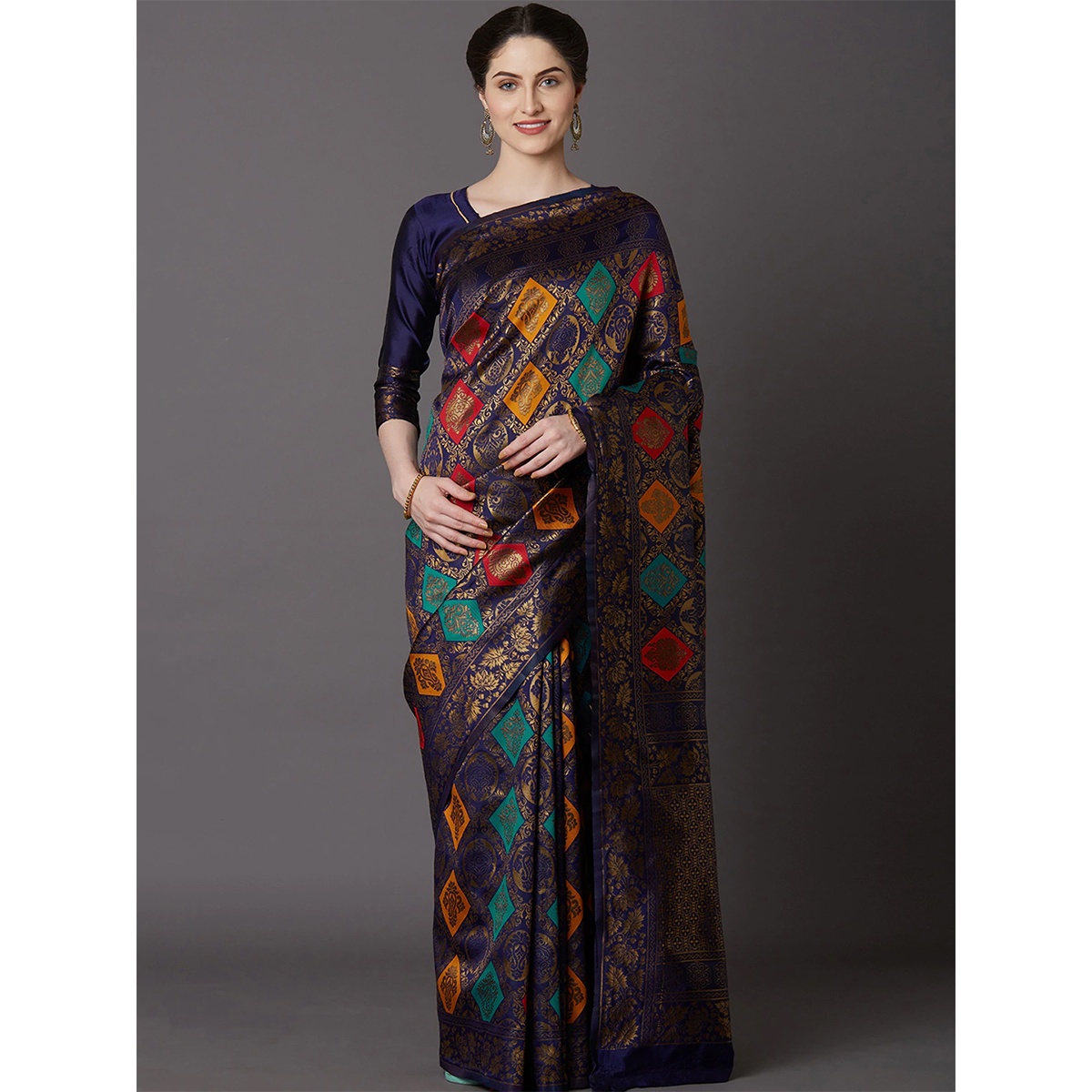 Latest Designed Luxury Exclusive Printed Katan Silk Saree (Navy Blue) With Blouse Piece For Women