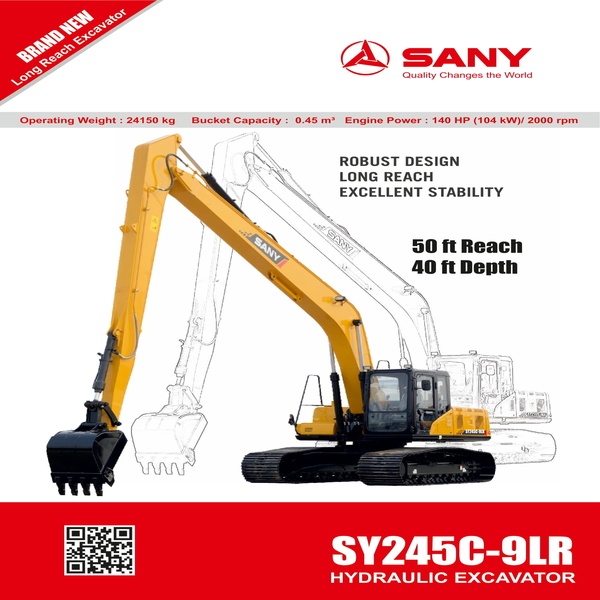 SANY Brand New Hydraulic Excavator Cummins Engine Model: Cummins 6 BT 5.9-C140, Battery: 2 X 12 V, Bucket Capacity: 0.45 m3, High Power Excavator(SY245C-9LR)