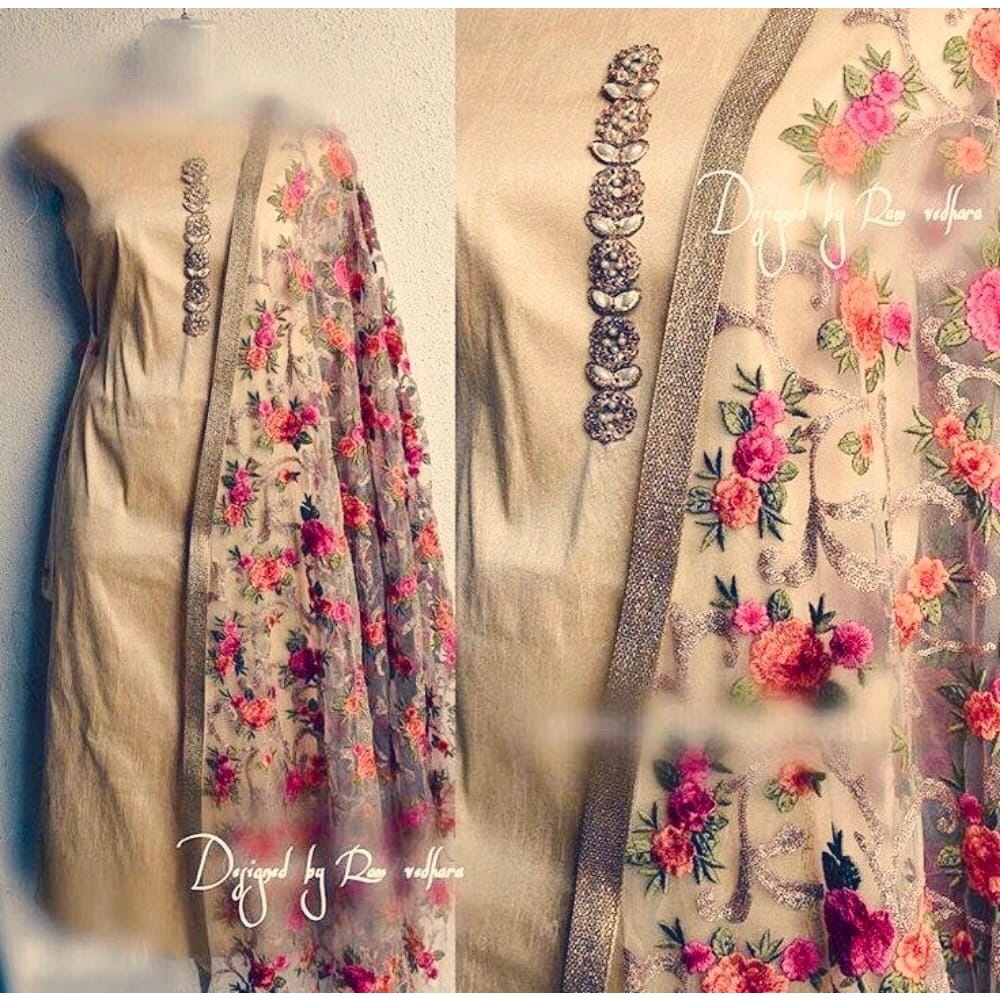 High Quality Biscuit Fabric’s Heavy Embroidery Work Semi-stitched Georgette Three Piece (salwar kameez) for women.