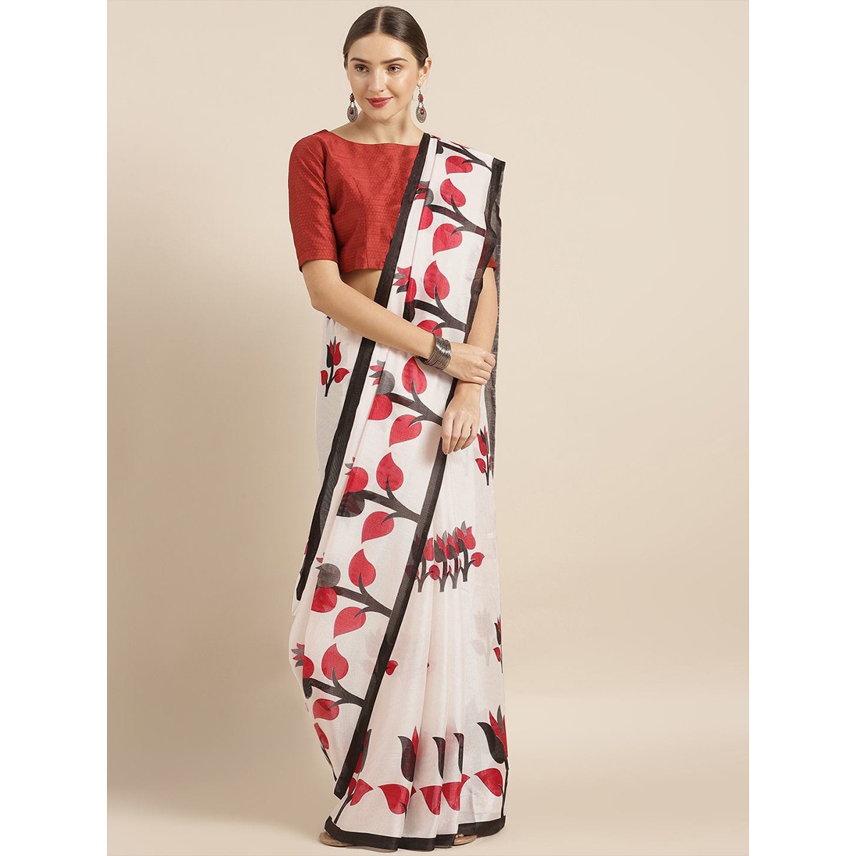 Latest Designed Luxury Exclusive Printed Silk Saree (Red & White) With Blouse Piece For Women