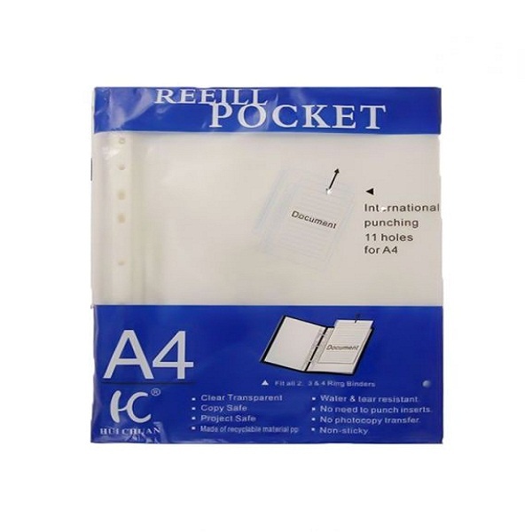 Hua Chuan Sheet Protector, 11 Hole Loose Leaf, A4, Copysafe, PP Material, Pack of 100 Sheets