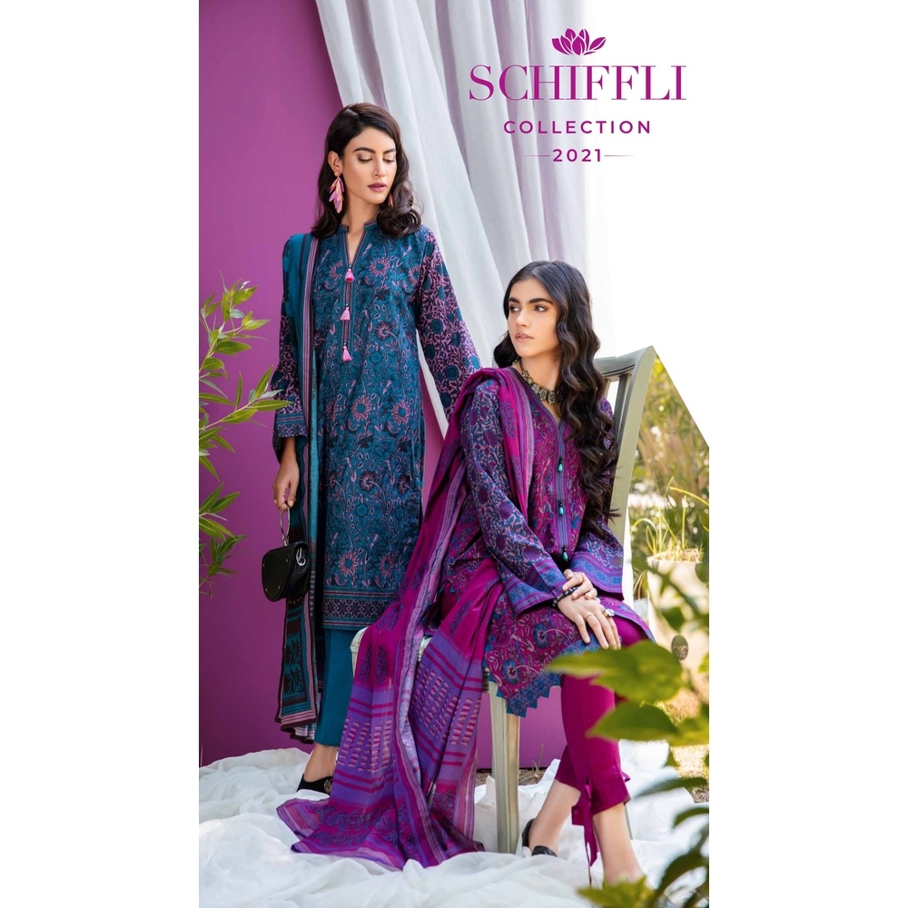 SCHIFFLI DIGITAL PRINTED EMBROIDERED THREE PIECE COLLECTION 2021