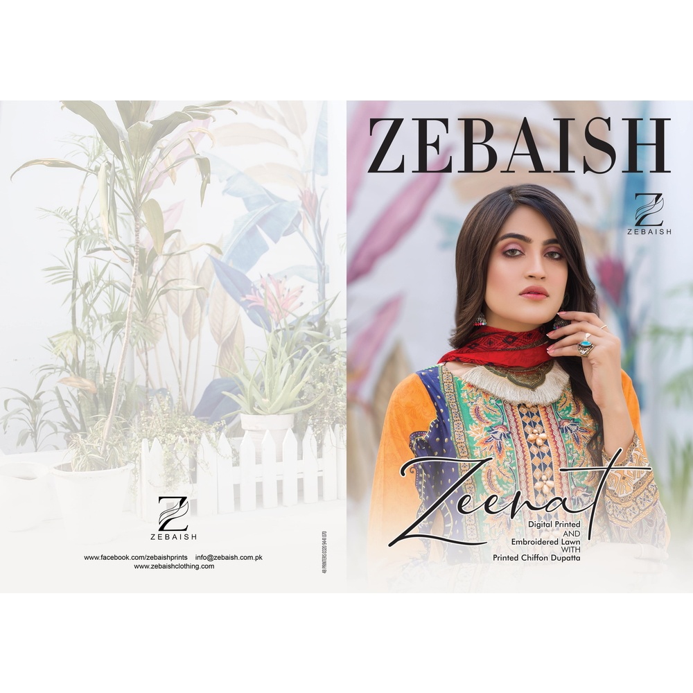 ZEBAISH Zeenat Digital Printed And Embroidered Lawn With Printed Chiffon Dupatta