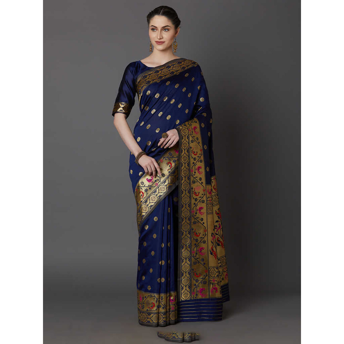 Latest Designed Luxury Exclusive Printed Katan Silk Saree (Blue and Gold) With Blouse Piece For Women