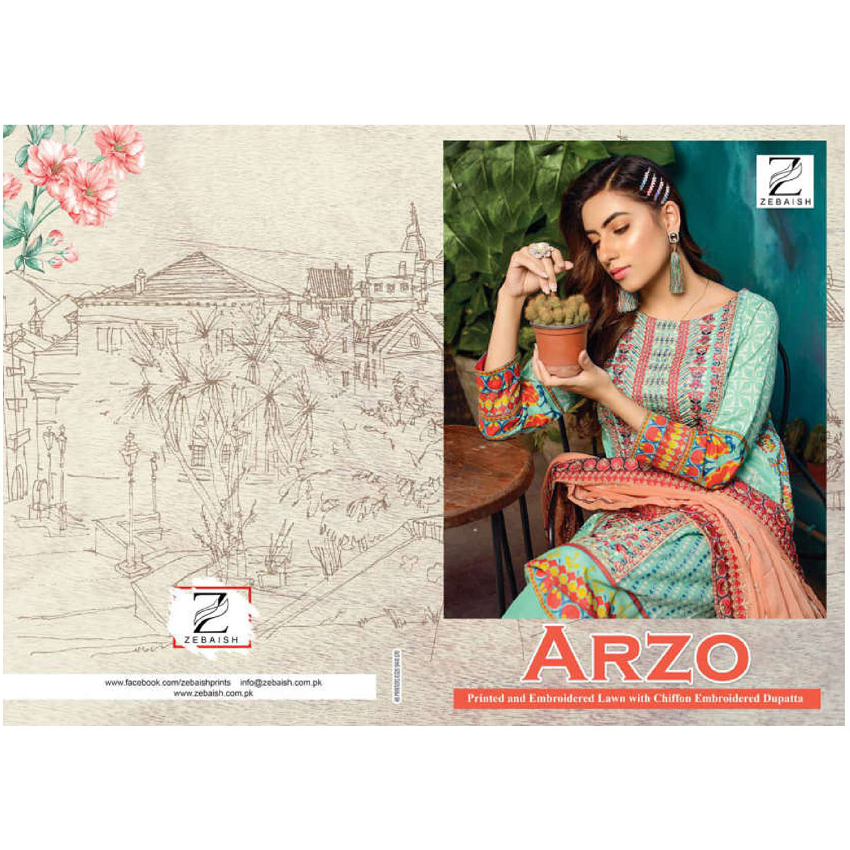 ARZO Printed and Embroidered Lawn with Chiffon Embroidered Dupatta by ZEBAISH Collection (Per Set - 9 Suits)