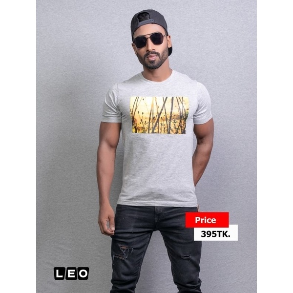 100% Cotton LEO GG3 Short Sleeve Men's T-Shirt Gray Color