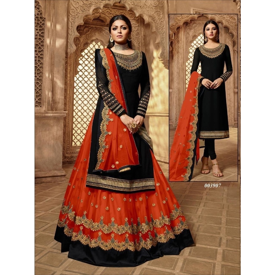 Gorgeous New Design Heavy Embroidery Work Semi-stitched Four Piece Black & Deep Orange Color Gown .